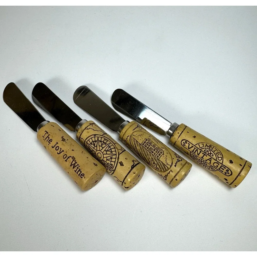 Vtg‎ Cheese/Butter Spreader Resin Wine Cork Set Of 4 Stainless Steel in Box